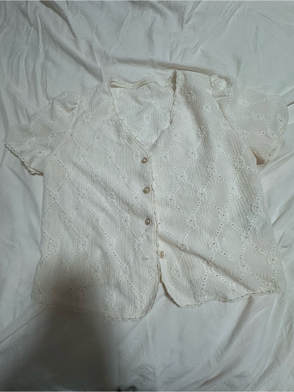 SHEIN Ivory Eyelet Lace-Trim Blouse